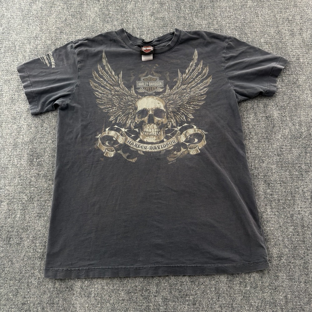 Y2K Harley Davidson Shirt M Black Wings Skull Graphic Tee Smokey Mountain